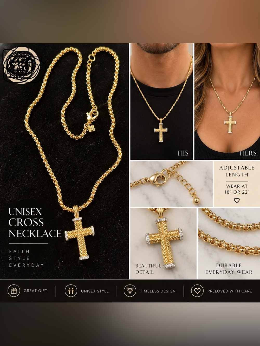 Unisex Gold Cross diamond, accent . Pendant Necklace - Elegant Rope Chain